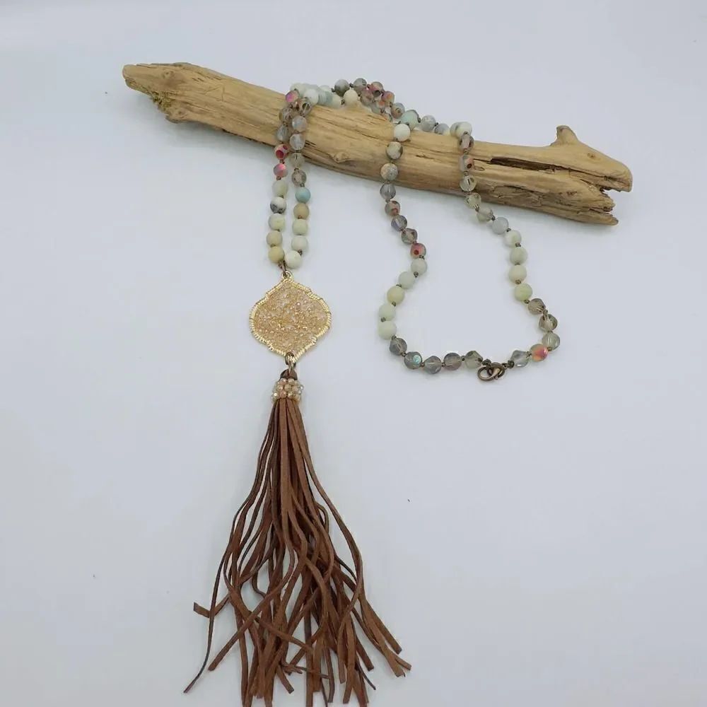 Amazonite Stone & Crystal Fringe Necklace